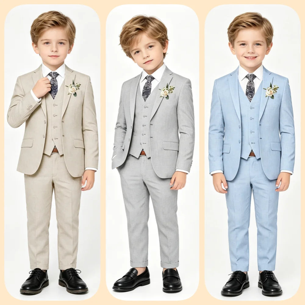 Handsome Linen Boys Suit 4-Piece Set with Floral Bow Tie 2026 Classic Formal Blazer Vest Pants for Ring Bearer Wedding Party CB DROPSHIPPING