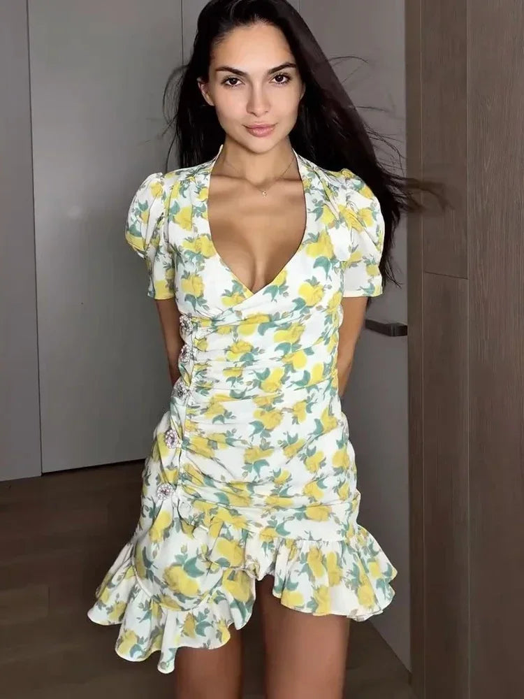 Women Elegant Printed Short Dress Chic V-neck Short Sleeve A-line Bodycon Mini Dresses 2026 Lady New Summer Vacation Street Robe
