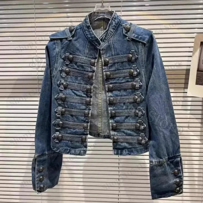 Spring Autumn Vintage Blue Slim Short Jeans Jacket Women Stand Collar Multi-breasted Design Long Sleeve Denim Jacket  Streetwear