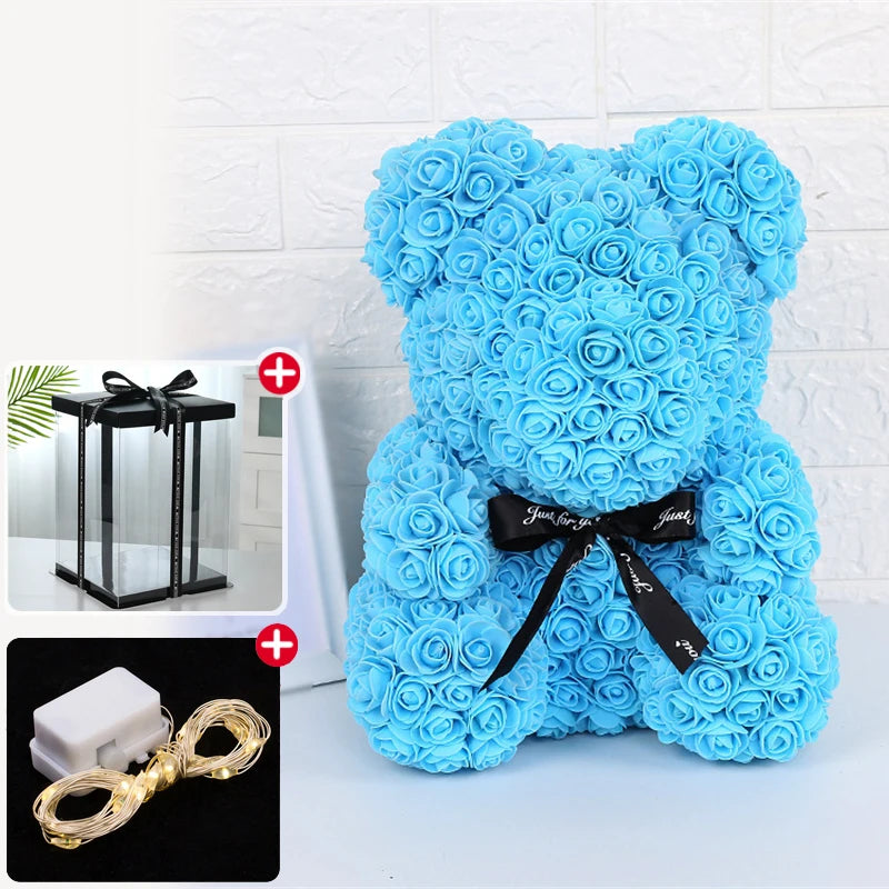 Rose Bear With Box Lights Valentine Gifts Decoration Artificial Flower Teddy Bear for Women/Girlfriend Love Flower Birthday Gift