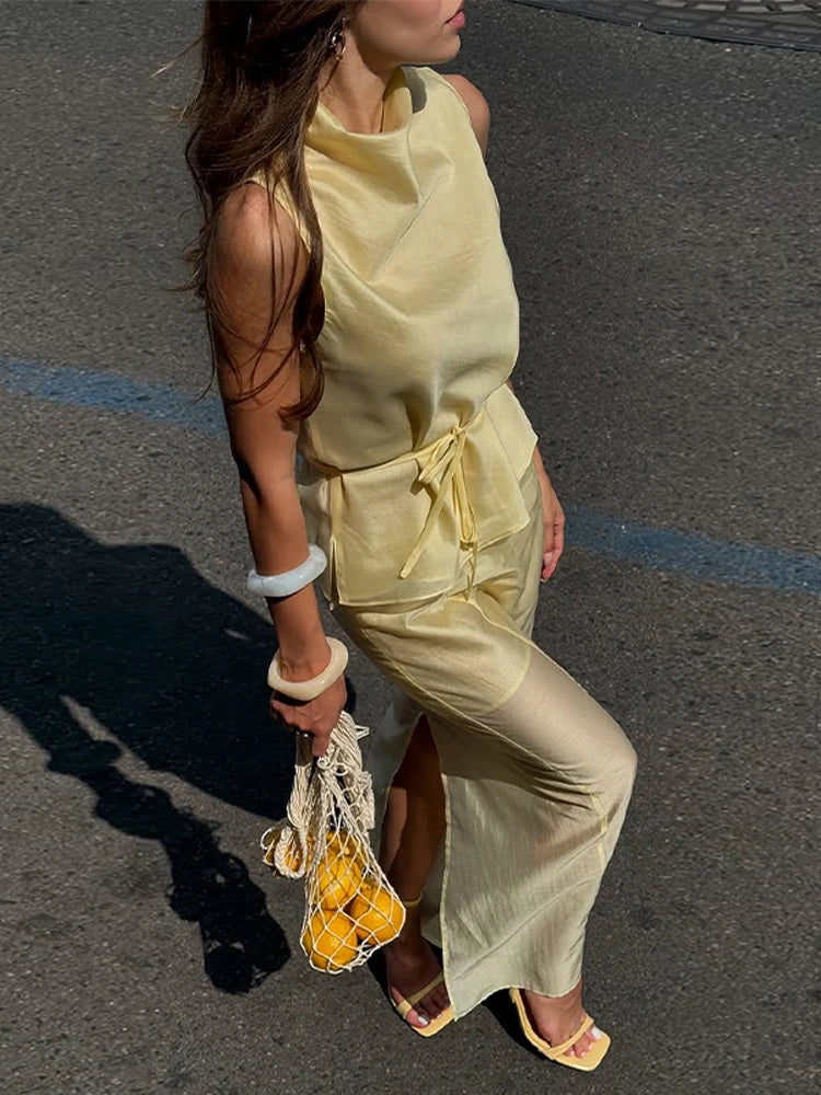 Casual Yellow Top Long Skirts Sets Women Sleeveless Lace Up Tops Straight Slit Skirt 2026 Summer Holiday Street Lady Solid Suits