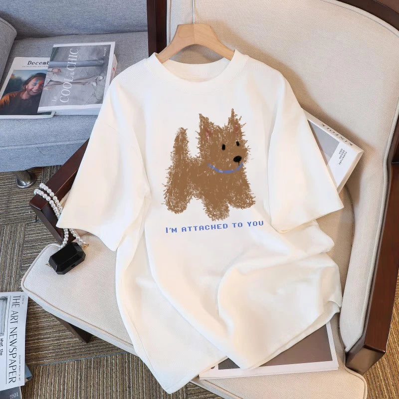Soft Cuteness Alert  Korean Style T Shirt Cute Fun Pattern Print Loose Short  Sleeve White Top for Women Casual Summer Clothing