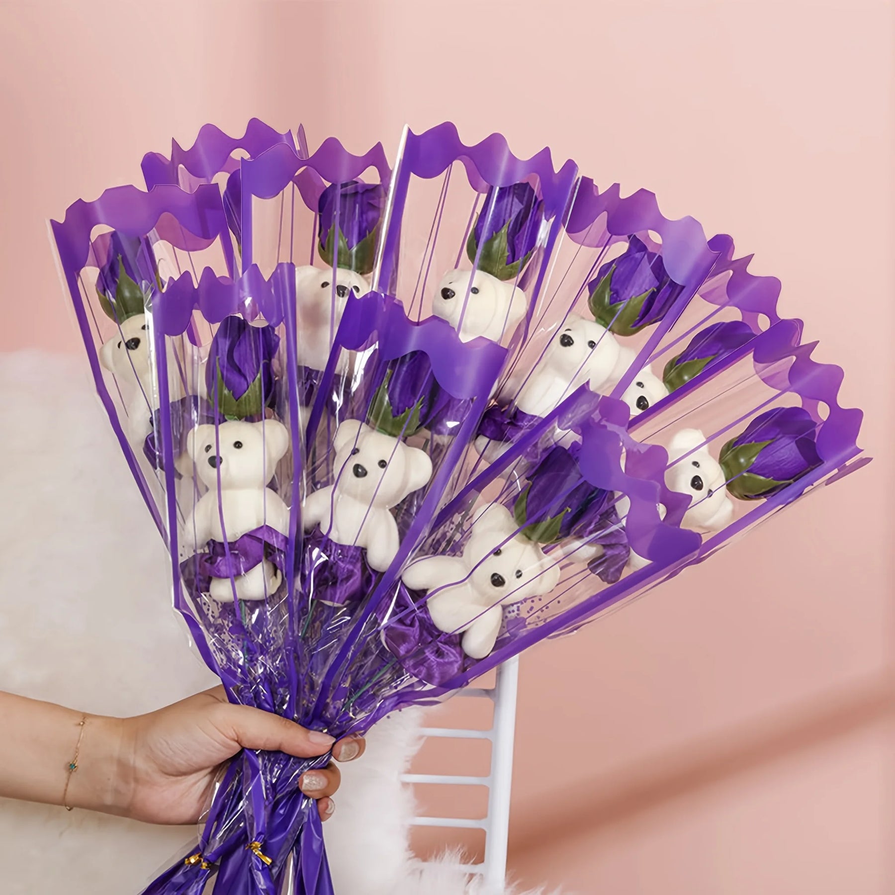 10Pcs Artificial Flowers Rose Bear Bouquet Fake Flower Mother's Day Valentine's Day Gift Birthday Present Wedding Home Decor