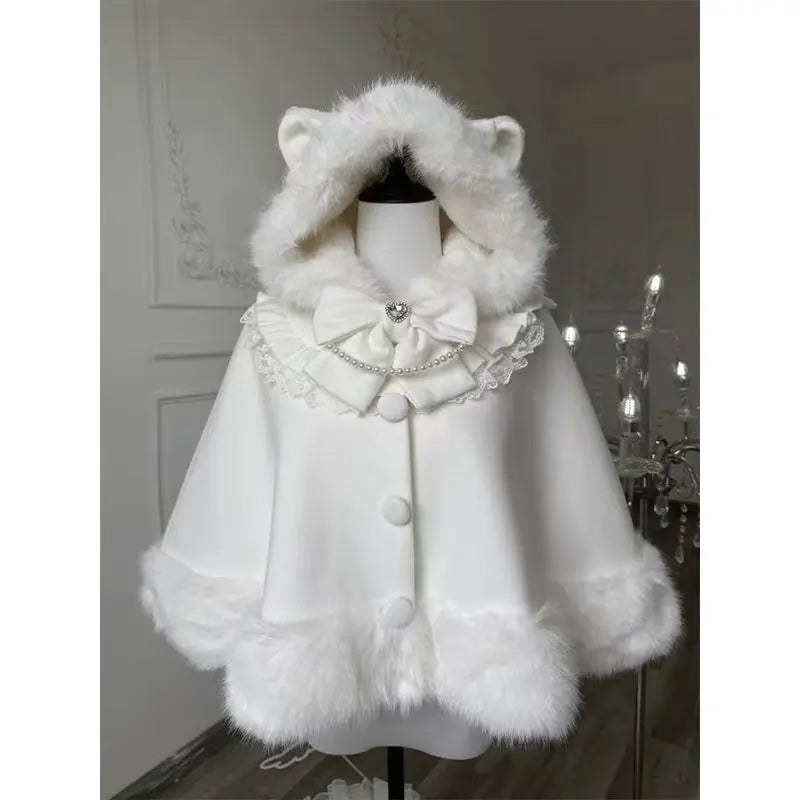 Japanese Kawaii Coat Cloak Faux Fur Collar Long Sleeve Tops Women Casual Lolita Bow Button Jackets Warm Sweet Women Clothing