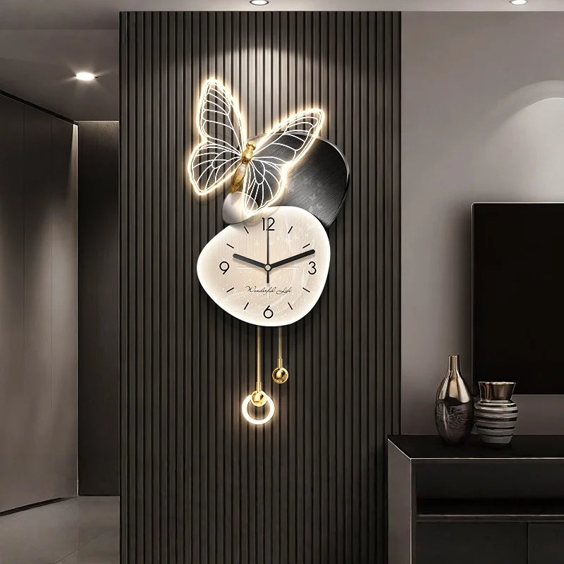 Living Room Foyer Creative Clock Butterfly LED Mural Lights TV Background Wall Entrance Decoration Painting Hanging Painting