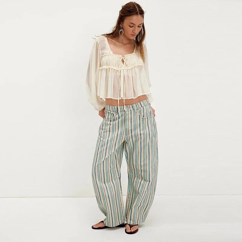 Street Striped Jeans Women's High-Waist Pockets Wide-Leg Trouser 2026 Spring Summer Retro Multicolor Vertical Stripe Denim Pant