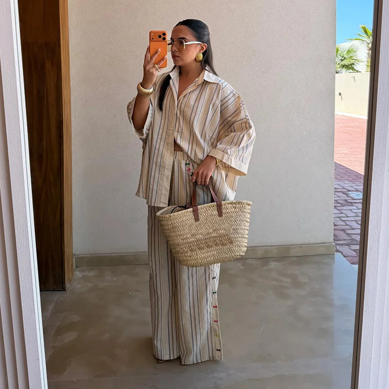 Fashion Stripe Long Pants Set Women Chic Lapel Single Breasted Shirt High Waist Wide Leg Trousers 2026 Spring New 2 Pcs Outfits