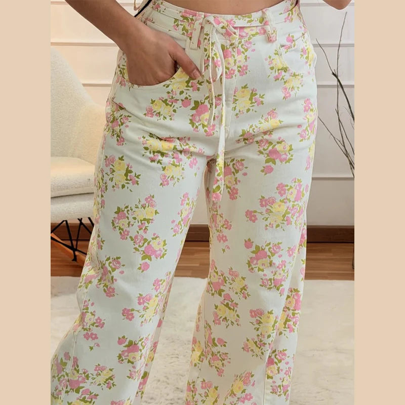 Women's Sweet Cute Floral Printed Vest Pants 2026 New Summer U Collar Sleeveless Ruffle Hem Tops Wide Leg Trousers 2 Piece Sets