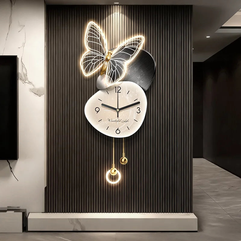 Living Room Foyer Creative Clock Butterfly LED Mural Lights TV Background Wall Entrance Decoration Painting Hanging Painting