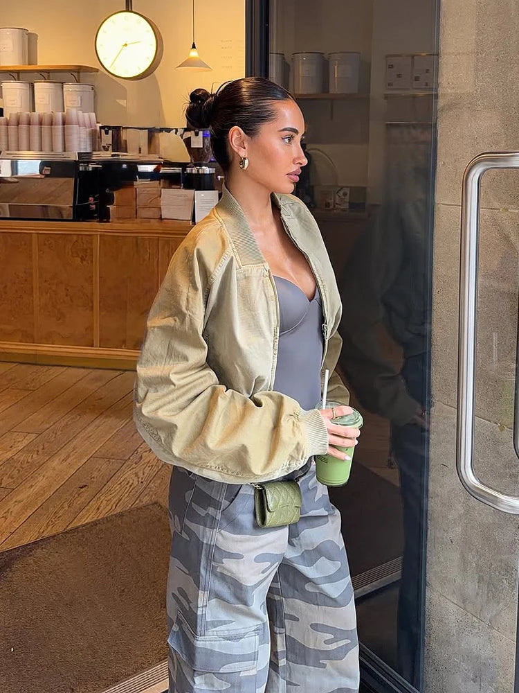 Cropped Bomber Short Jackets Women Solid Folded Hem Zipper Pockets Full Sleeves Coats Women Lady Casual Daily Street Outwear New