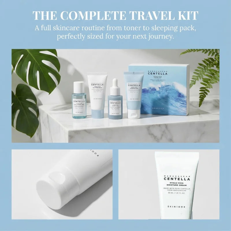 Centella HyaluCica Travel Kit,Brightening Toner, Blue Ampoule Serum,Night Sleeping Pack and Moisturizer Cream Skincare Mini Set CB DROPSHIPPING