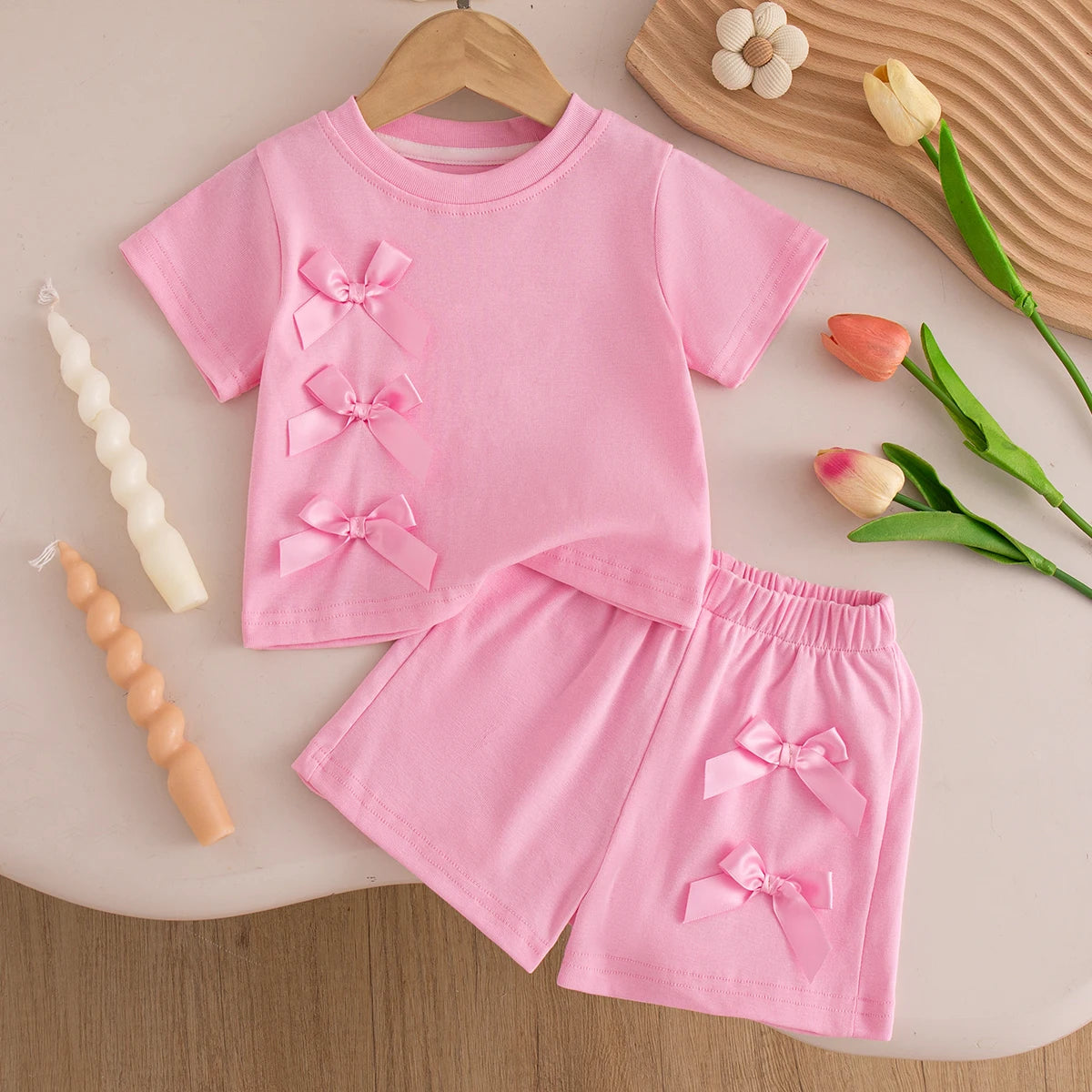 Baby Girl Set Summer Solid-Color Bow Short-Sleeve Top and Shorts Baby Girl Clothes Cute Beach Baby Outfit Set CB DROPSHIPPING