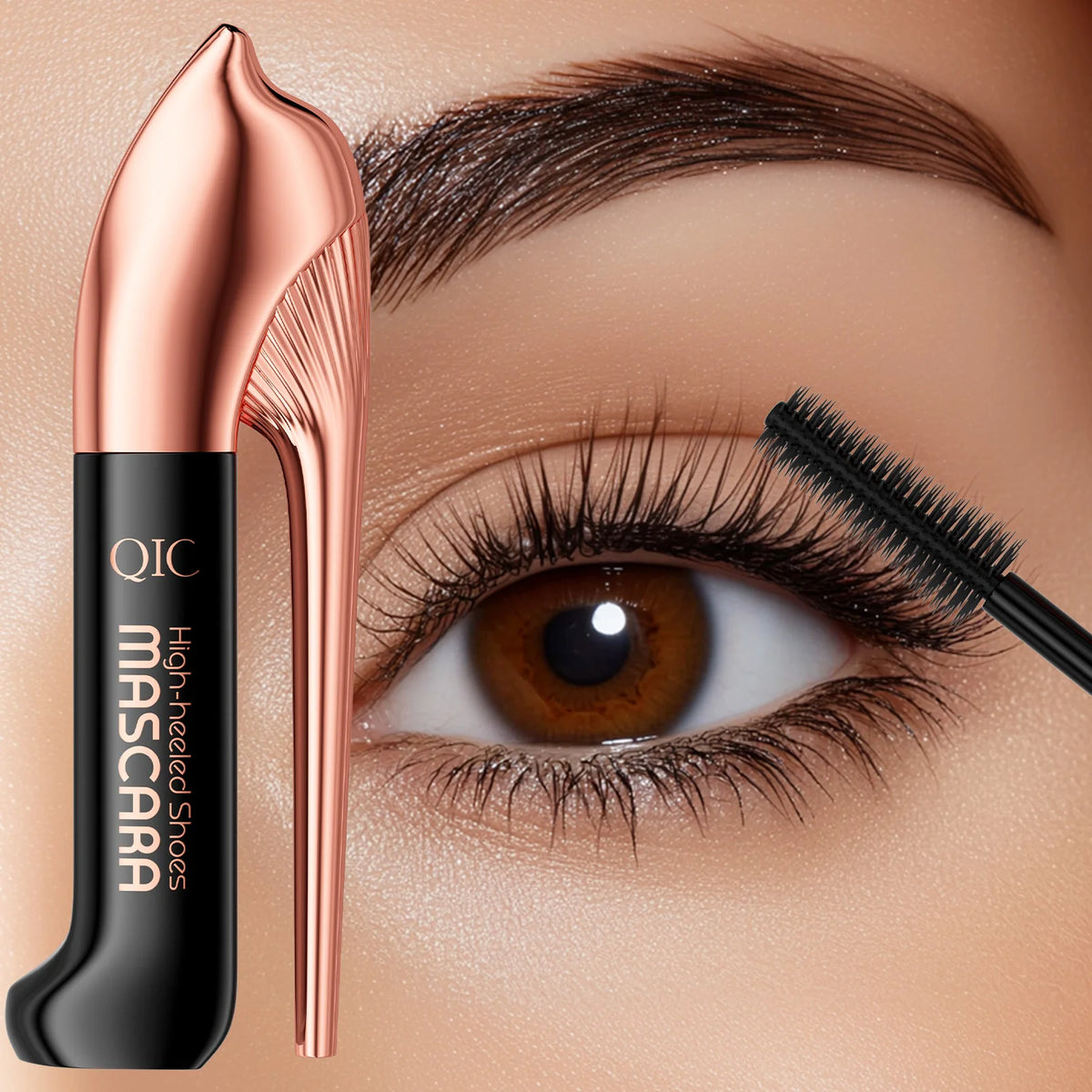 QIC High-heeled Shoes Mascara 3D Fiber Mascara, Long Black Volumizing Eyelash Extension, Waterproof Eye Makeup Tool CB DROPSHIPPING
