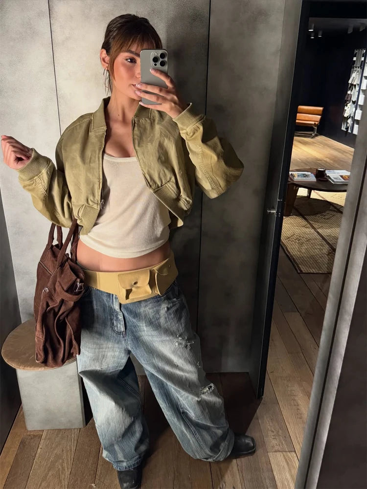 Cropped Bomber Short Jackets Women Solid Folded Hem Zipper Pockets Full Sleeves Coats Women Lady Casual Daily Street Outwear New