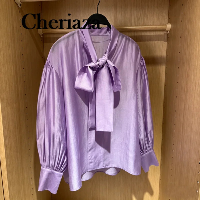 Women Summer Elegant Purple Blouses Shirts Tops 2026 Fashion Solid Loose Bow Blusas Female Elegant Street Top Clothing