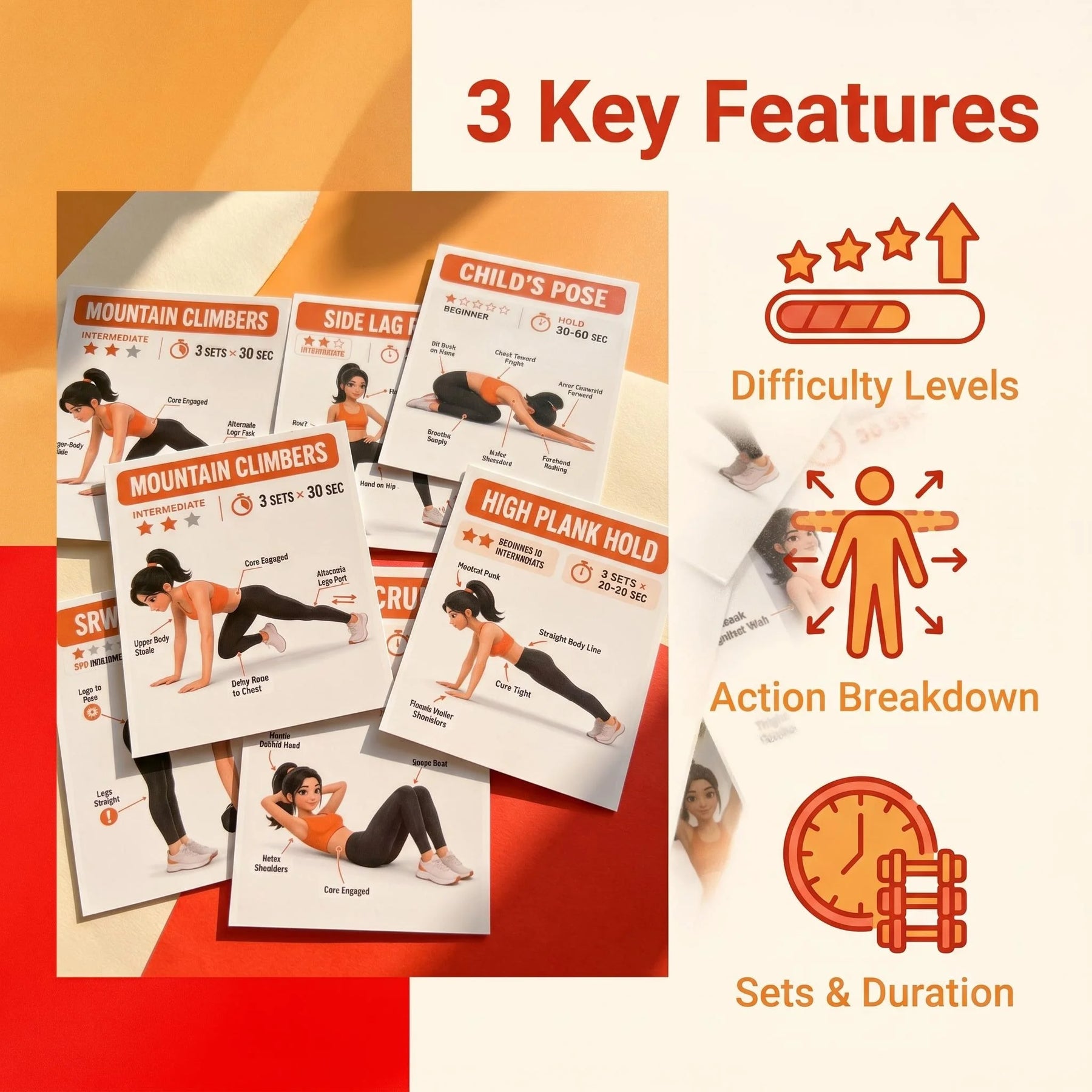Fitness Guide Cards, Including Strength Training, Core Strengthening, and Home Stretching, Illustrated Step-By-Step Exercise Guide Set, Exercise Flash Cards Suitable for Home Fitness and Travel CB DROPSHIPPING