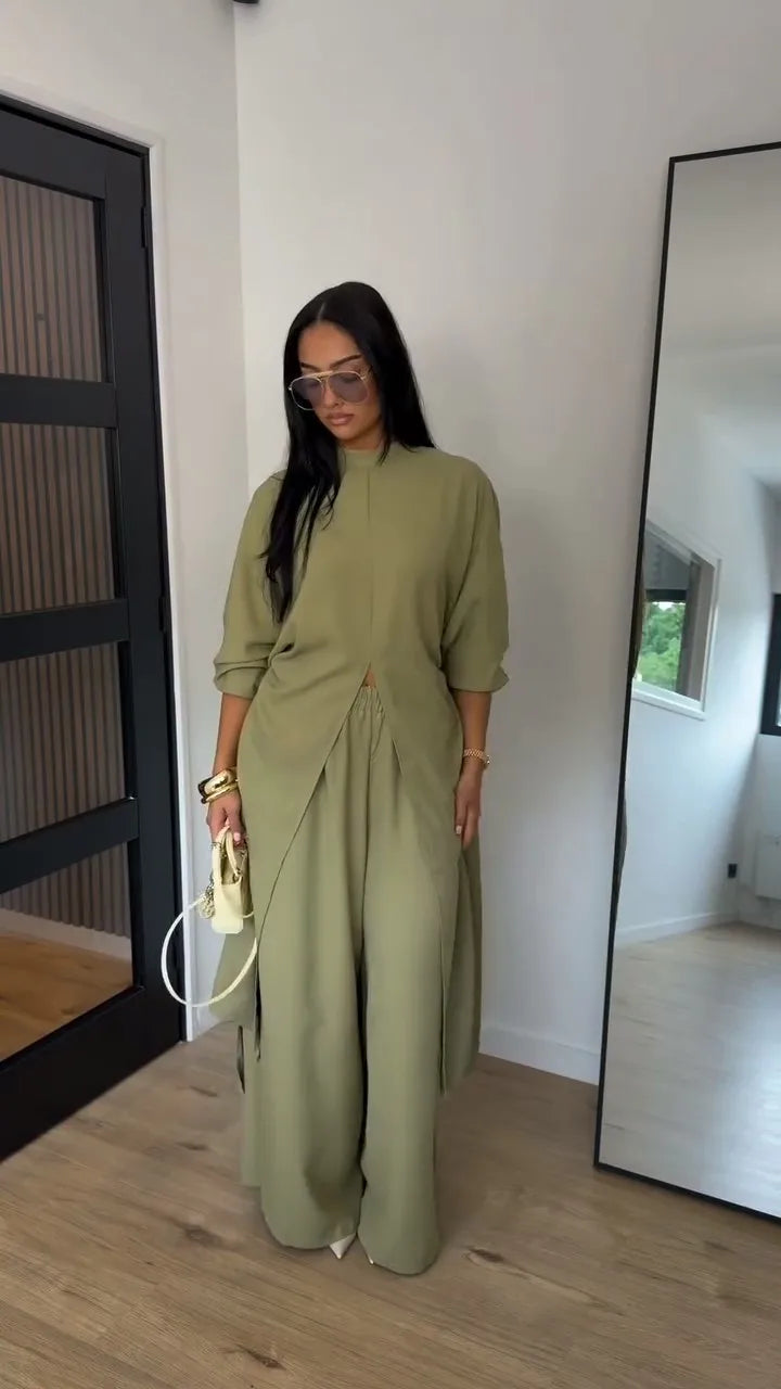 Fashion Stripe Long Pants Set Women Chic Lapel Single Breasted Shirt High Waist Wide Leg Trousers 2026 Spring New 2 Pcs Outfits