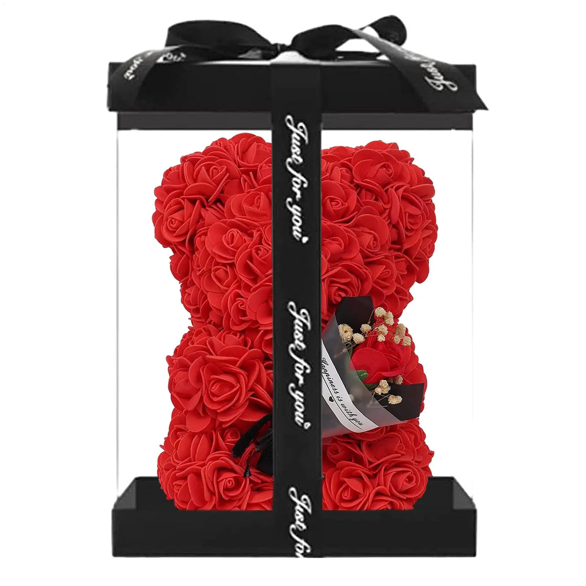 Flower Bear 9.45in Artificial Forever Flower Rose with Clear Box Romantic Gift for Her Handmade Valentine Bear for Home Decor