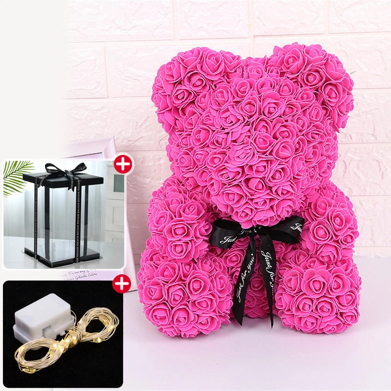 Rose Bear With Box Lights Valentine Gifts Decoration Artificial Flower Teddy Bear for Women/Girlfriend Love Flower Birthday Gift