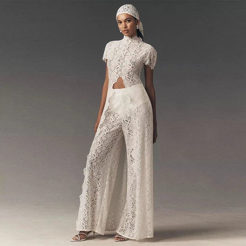 Women Pant Set Stand Collar Lace Sheer Sleeveless Split Front Top Wide Leg Solid Pant Casual Elegant Two Piece Set For Ladies
