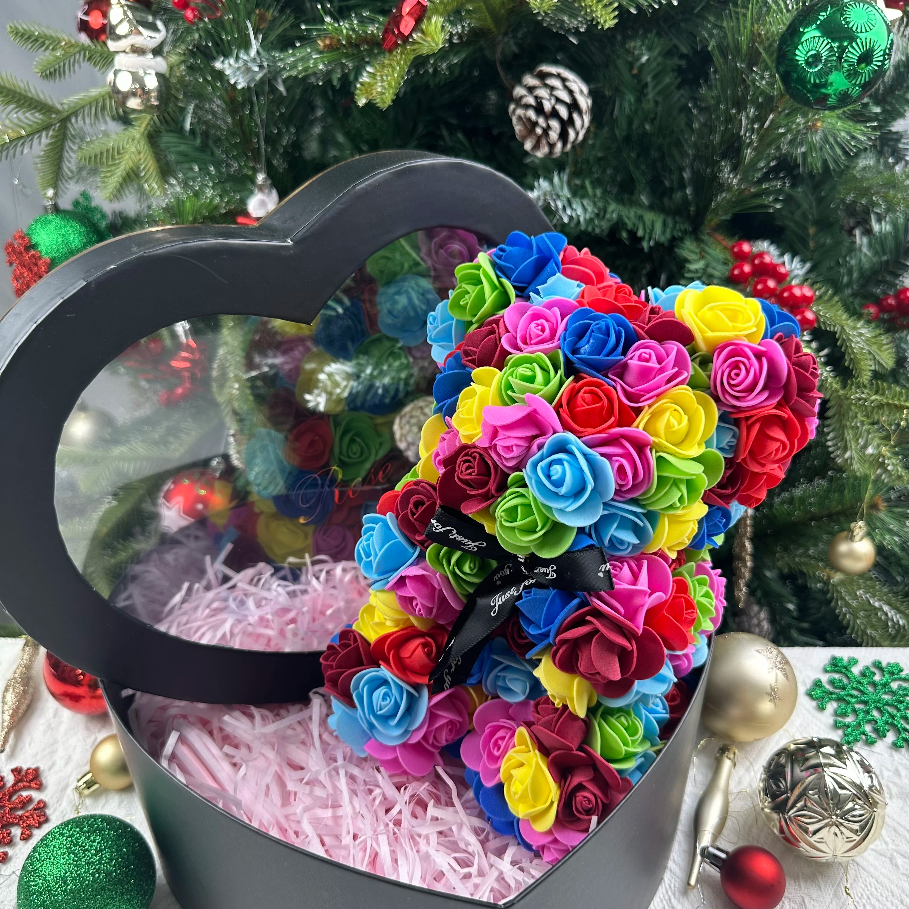 25cm Artificial Teddy Rose Flower Bear with Box Romantic Valentines Day Gift Girlfriend Women Anniversary Wedding Party Supplies
