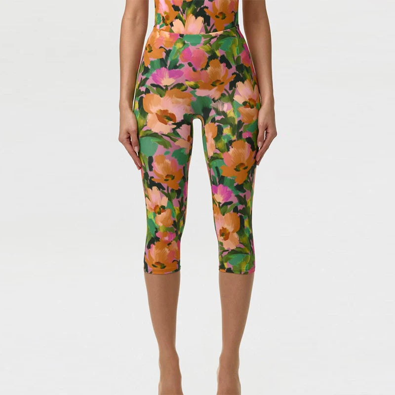 Trendy Bright Set Floral Print Spicy Girls Bodysuit Mid-calf Leggings Slim Fit Women Summer Party Chic Beach Festival Outfits