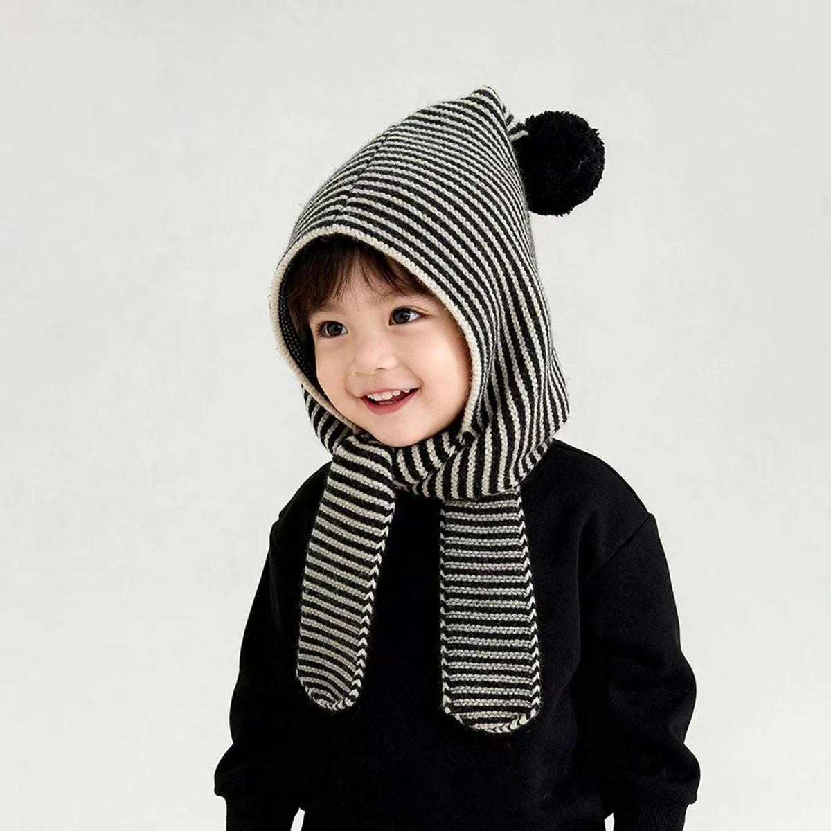 Korean Striped Baby Balaclava Hat Winter Knitted Hood Scarf Ear Protection Warm Bomber Cap Kids Boy Girl Beanies CB DROPSHIPPING