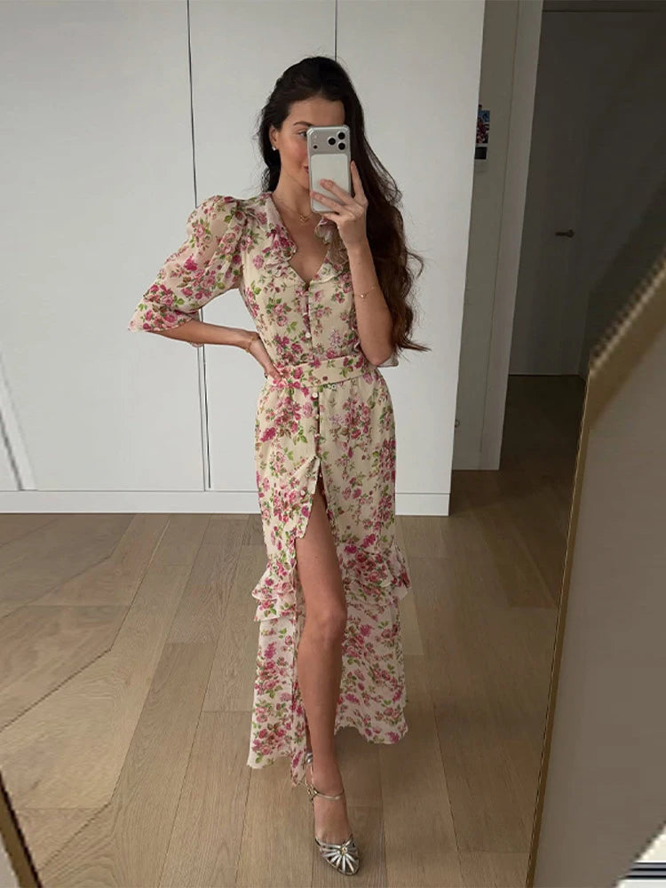 Elegant Floral Printed Woman Summer Dress V-neck Puff Sleeve Split Maxi Dresses For Women Fashion 2026 Women's Casual Gown New