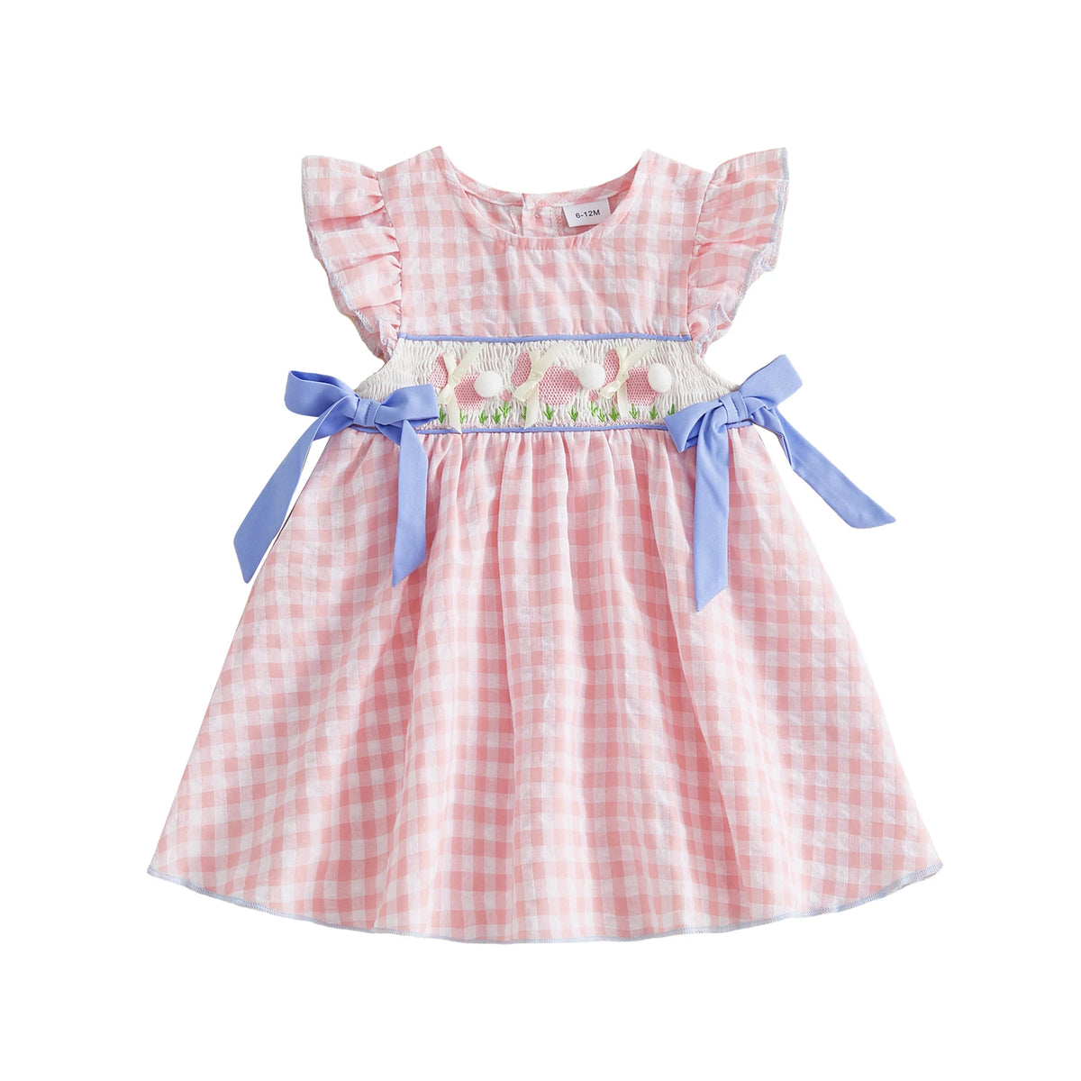 Toddler Baby Girl Easter Dress Flying Sleeve Crew Neck Rabbit Embroidery Plaid Print Bow Decor A Line Dress CB DROPSHIPPING