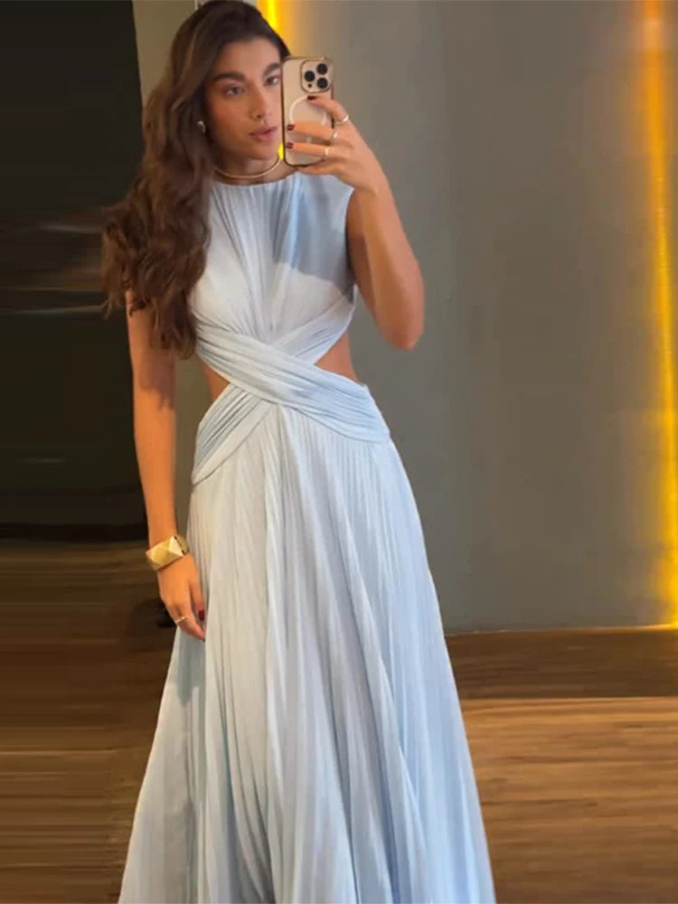 Backless Women Dress Cross Waist Long Dress Sleeveless Backless dresses A Line Ruched Evening Gown  Elegant Party Gown 2026 New