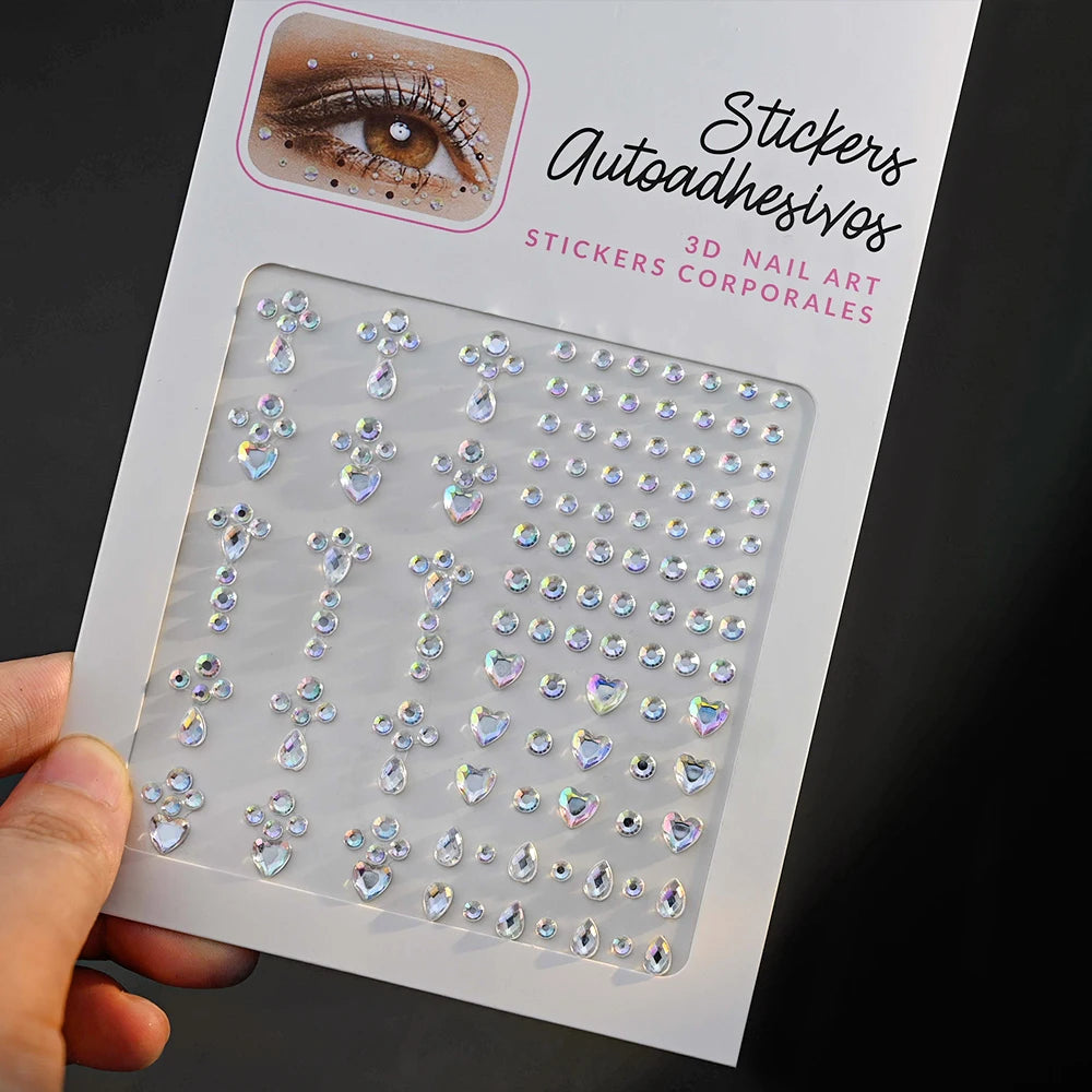 1pc 3D Y3K Silver Aurora Moon Star Face Gems Jewels Rhinestone Stickers Self Adhesive Crystal Makeup Diamonds Tattoos Decoration
