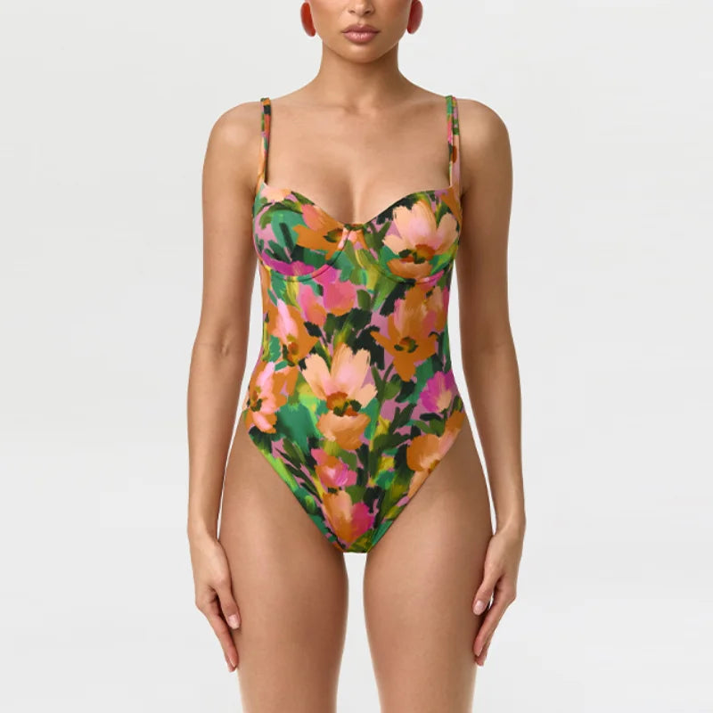 Trendy Bright Set Floral Print Spicy Girls Bodysuit Mid-calf Leggings Slim Fit Women Summer Party Chic Beach Festival Outfits