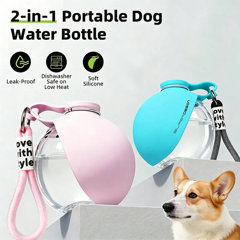 Portable Dog Water Bottle 285ml Pet Drinking Silicone Bowl with Lanyard Leak-Proof 2-in-1 Water Dispenser Walking Travel Feeders