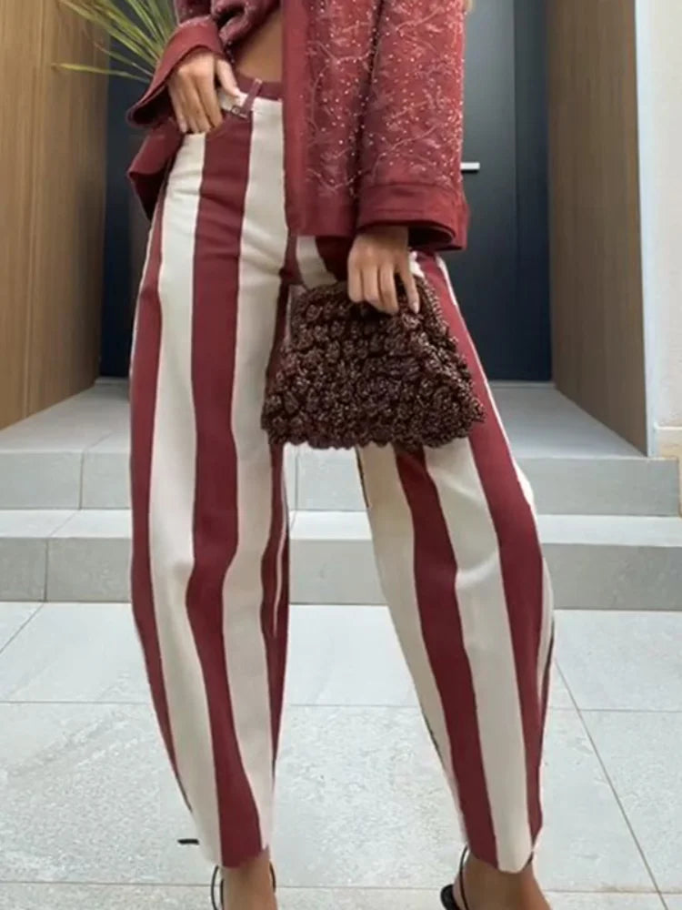 Street Striped Jeans Women's High-Waist Pockets Wide-Leg Trouser 2026 Spring Summer Retro Multicolor Vertical Stripe Denim Pant