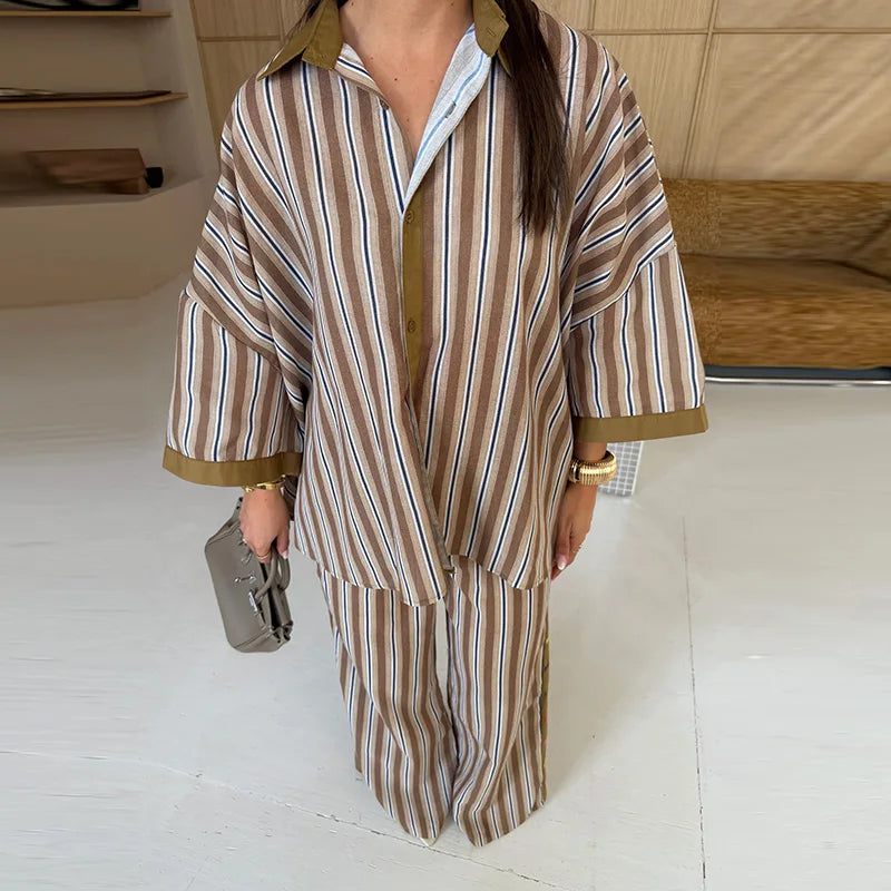 Fashion Stripe Long Pants Set Women Chic Lapel Single Breasted Shirt High Waist Wide Leg Trousers 2026 Spring New 2 Pcs Outfits