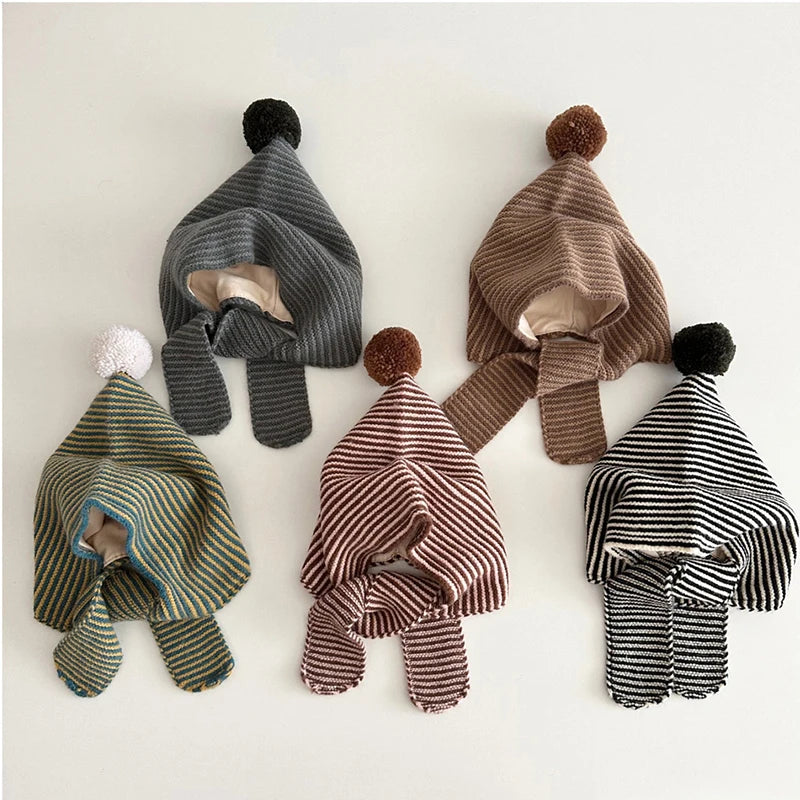 Korean Striped Baby Balaclava Hat Winter Knitted Hood Scarf Ear Protection Warm Bomber Cap Kids Boy Girl Beanies CB DROPSHIPPING