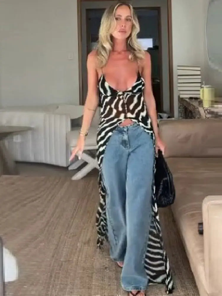 Casual Zebra Print Spaghetti Strap Maxi Top Versatile Long Leg Jeans Women Sheer Button Down Split Hem Daily Date Street Wear