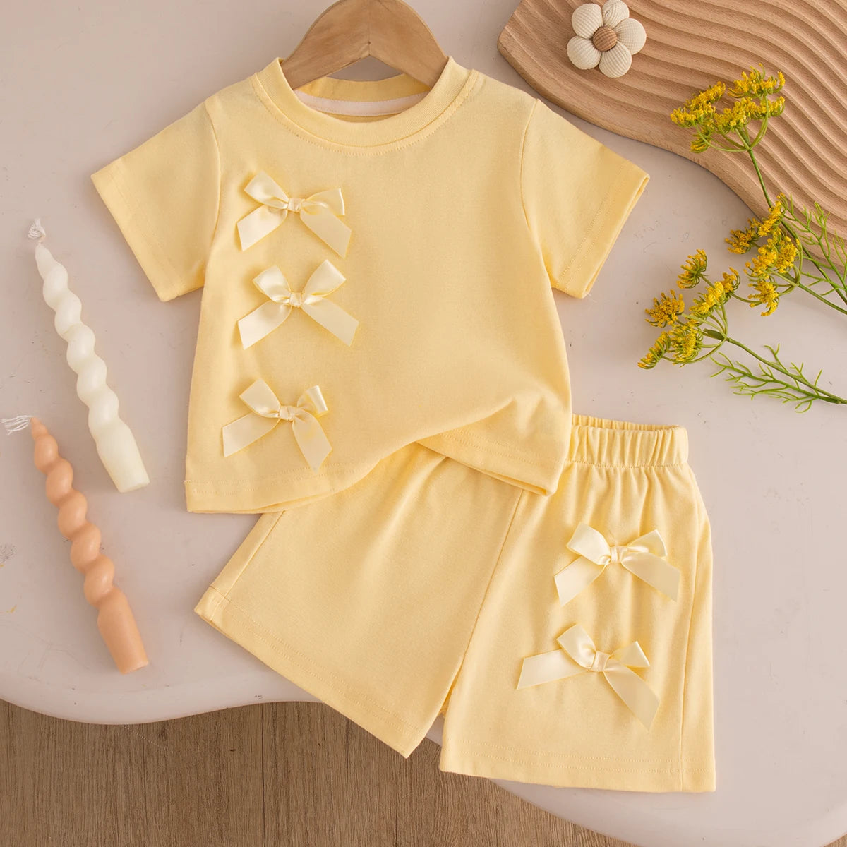 Baby Girl Set Summer Solid-Color Bow Short-Sleeve Top and Shorts Baby Girl Clothes Cute Beach Baby Outfit Set CB DROPSHIPPING