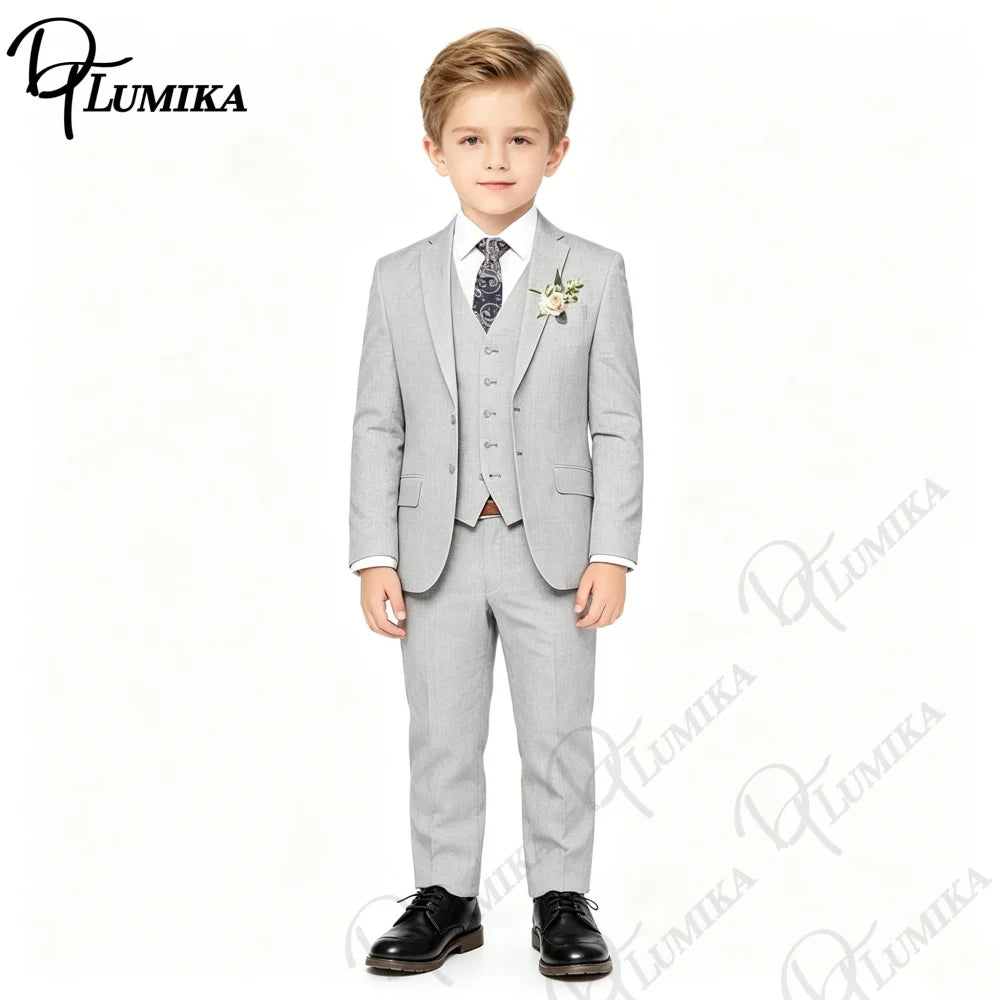 Handsome Linen Boys Suit 4-Piece Set with Floral Bow Tie 2026 Classic Formal Blazer Vest Pants for Ring Bearer Wedding Party CB DROPSHIPPING