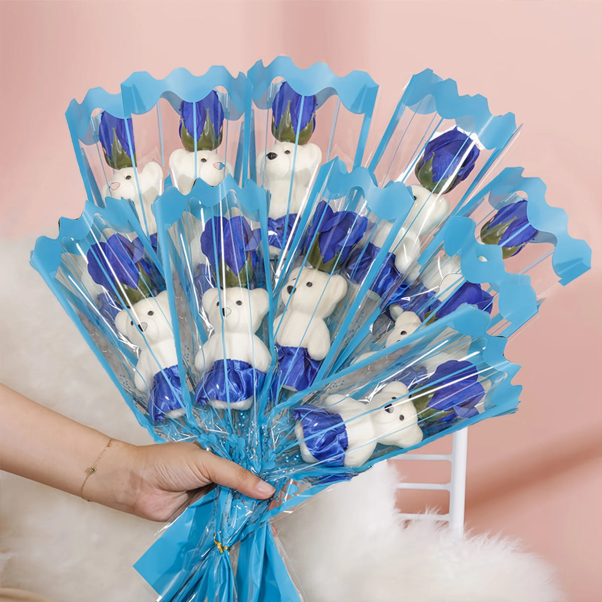 10Pcs Artificial Flowers Rose Bear Bouquet Fake Flower Mother's Day Valentine's Day Gift Birthday Present Wedding Home Decor