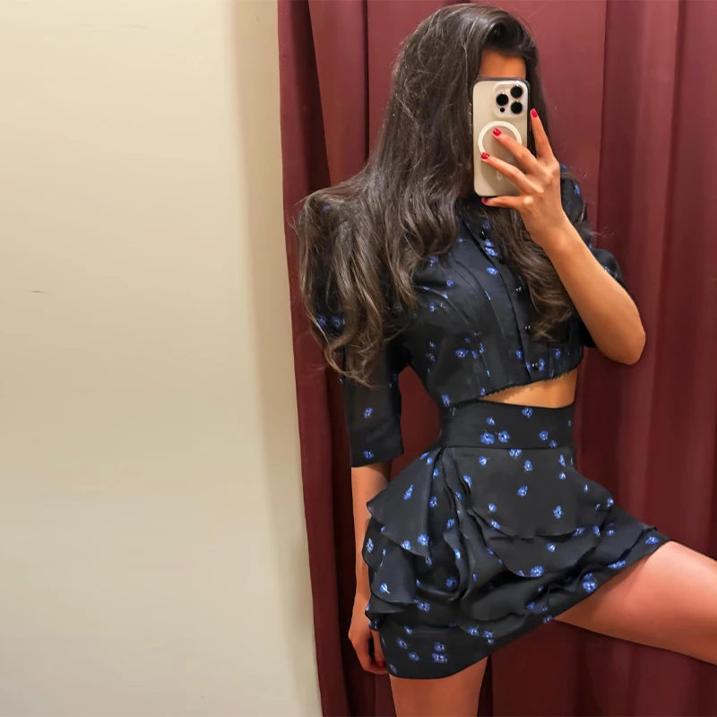 Floral Print Women's Skirt Set Puff Sleeve Crop Top Layered Ruffle Mini Skirt Set Lady 2026 Summer Woman Boho Beach 2 Pcs Outfit