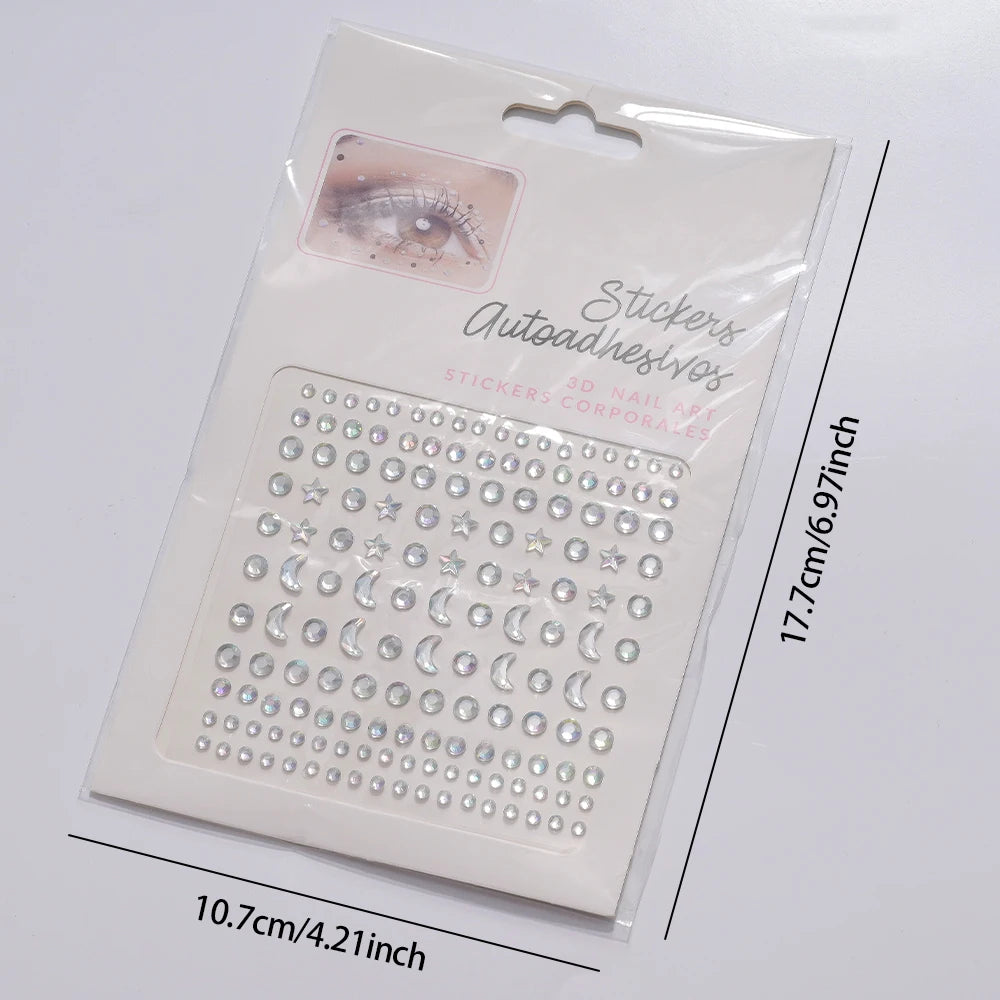 1pc 3D Y3K Silver Aurora Moon Star Face Gems Jewels Rhinestone Stickers Self Adhesive Crystal Makeup Diamonds Tattoos Decoration