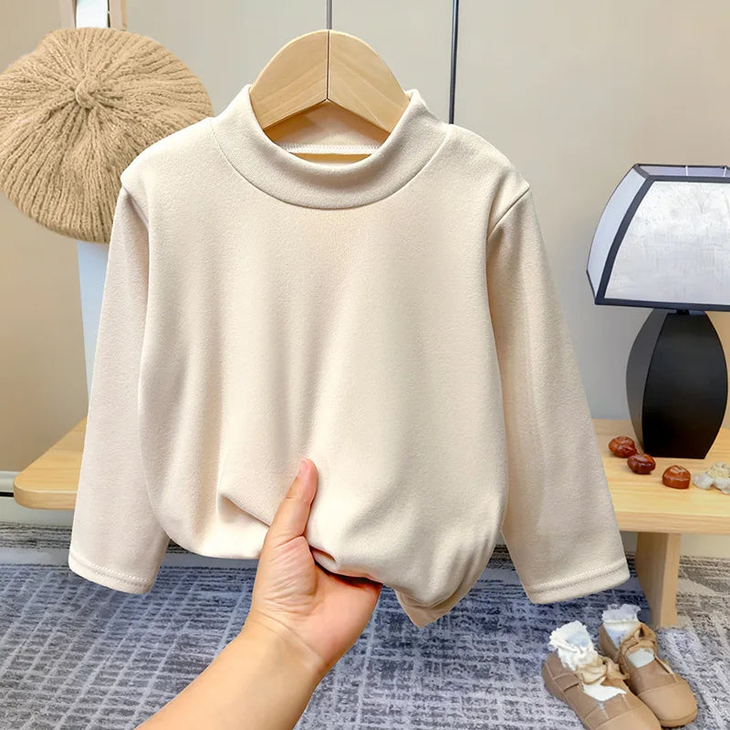 Winter Baby Warm Top Boys Girls Velvet Inner Solid Color Bottom Children's Half High Collar Long Sleeve T-shirt Kids Clothes CB DROPSHIPPING