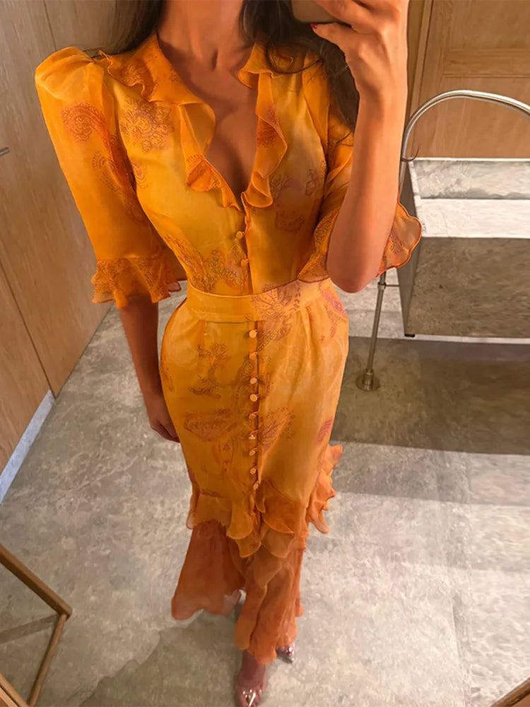 Print Chiffon Long Dress Women V Neck Half Sleeves High Waist Ruffles Belts Split Robe Female 2026 Summer Chic Vacation Dresses