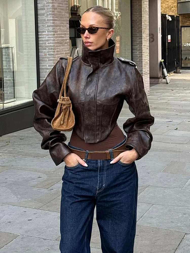 Vintage Solid Waist Cinching Leather Jacket Women Fashion Stand Collar Full Sleeve Zipper Buckle Coat 2026 Lady Street Outerwear