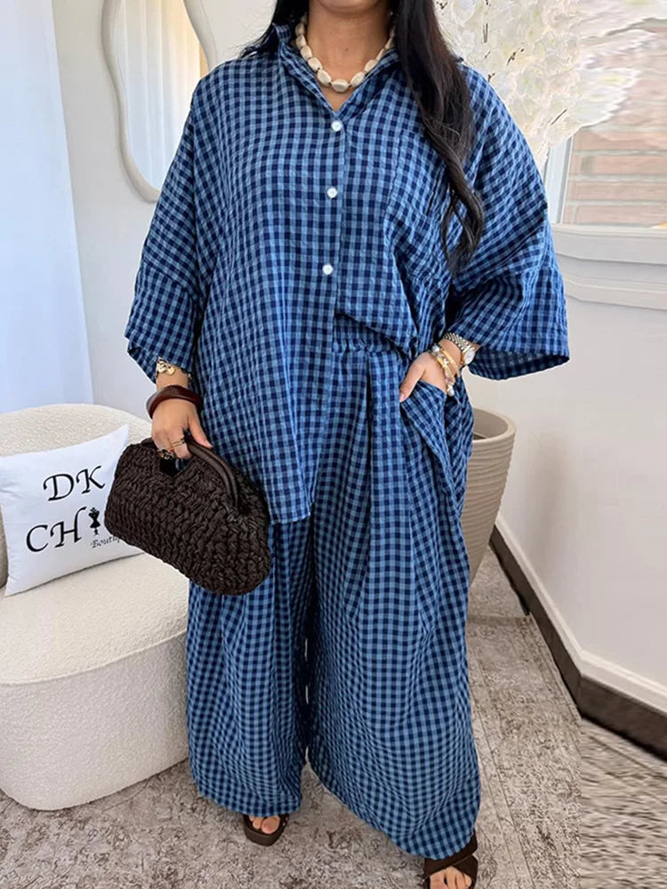 Casual Women's Pants Set Turn-down Collar Shirt Loose Bottom Female Plaid Printing Sets 2026 Summer Fashion Commute Lady Suit