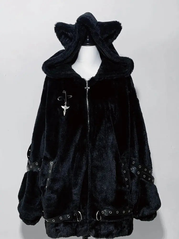 Japanese Kawaii Coat Cloak Faux Fur Collar Long Sleeve Tops Women Casual Lolita Bow Button Jackets Warm Sweet Women Clothing