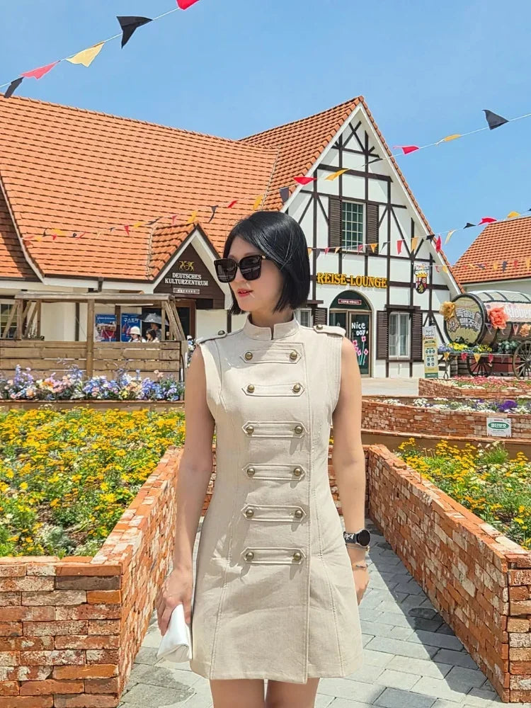 Women Stand Collar Double Breasted Mini Dress Sleeveless Elegant Casual Slim Fit Short Robe Lady Office New Dresses 2026 Summer