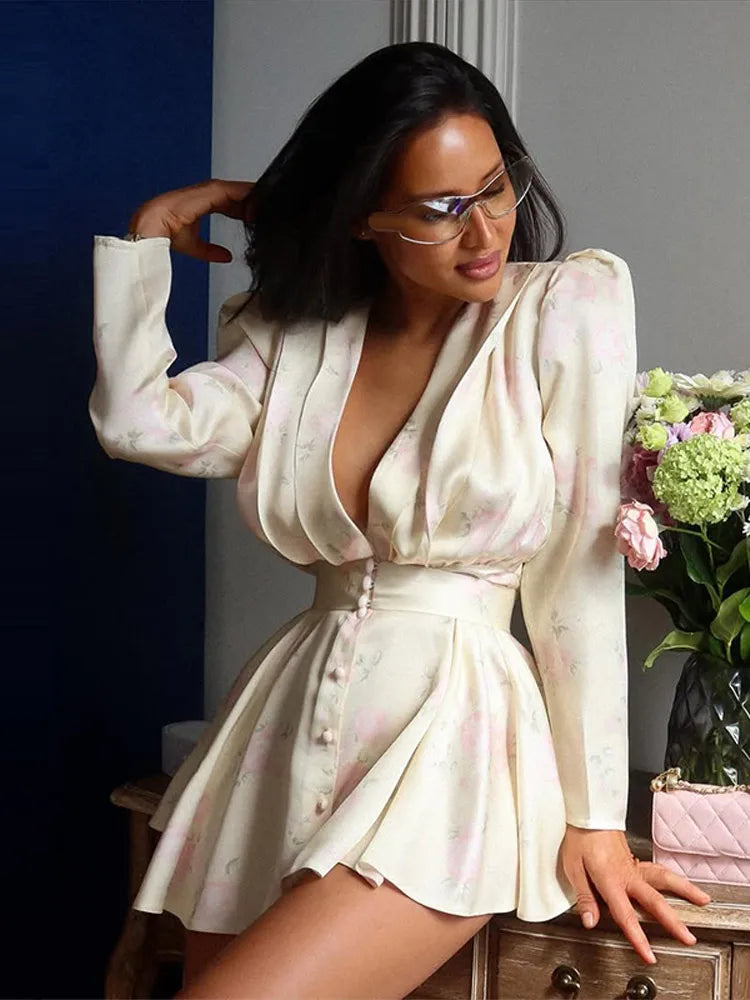 Print  Dress Women's Floral Satin Mini Dress Deep V-Neck Puff Sleeves Peplum Waistband Two-Piece Party Dresses Woman Clothes