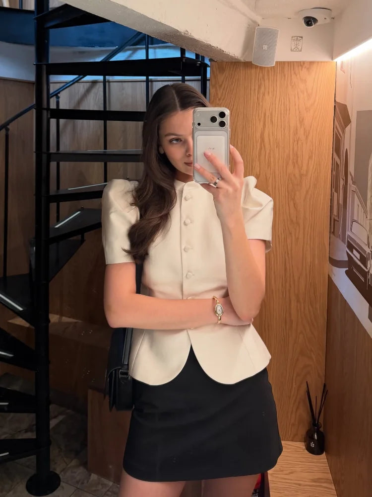 Chic White Lantern Sleeve Shirt Women Solid Stand Collar Stand Collar Slim Shirts Lady Casual Tops Commute Outwear 2026 New